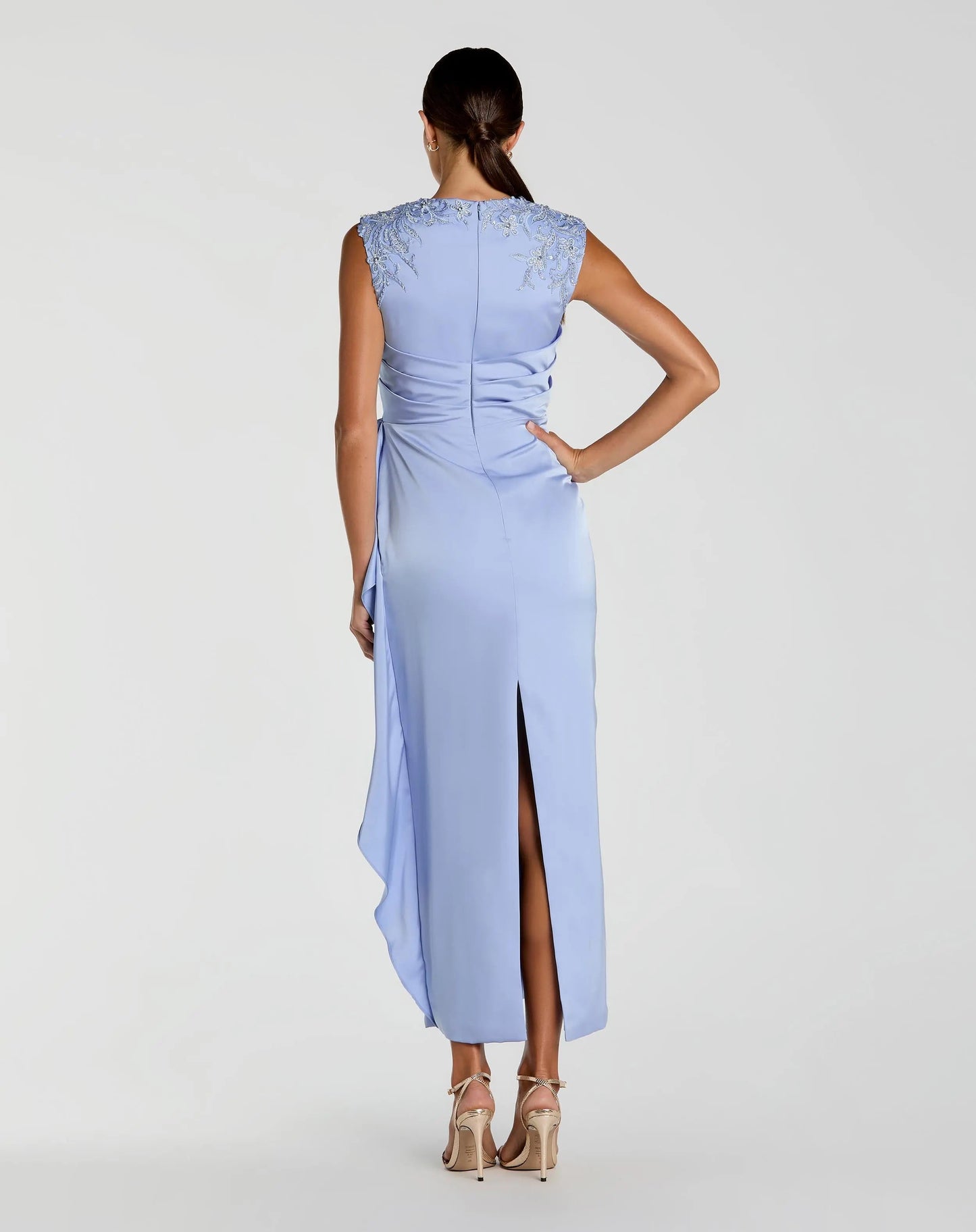 Blue Beaded Satin Midi Dress with Bow