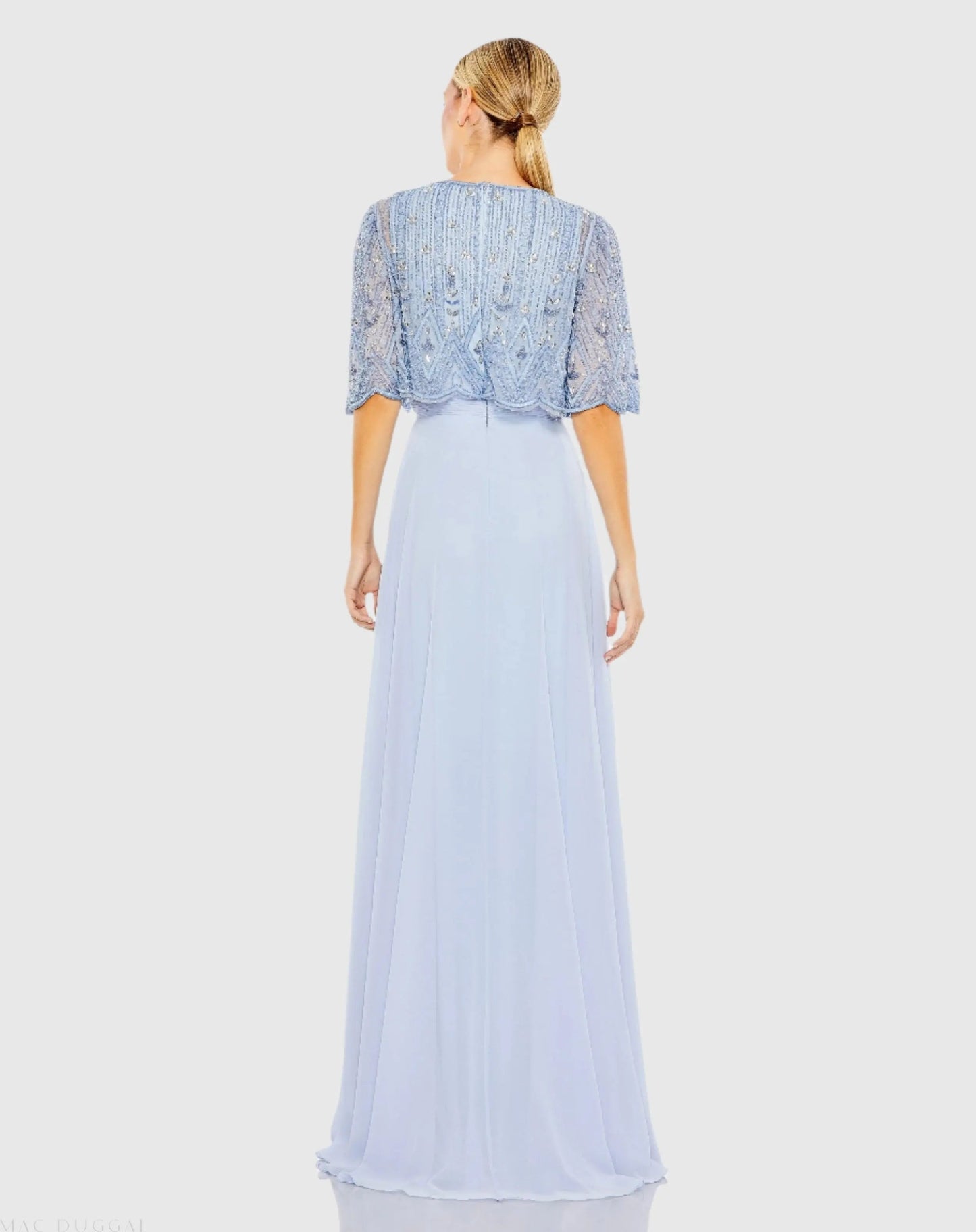 Blue Beaded Cape A-Line Gown