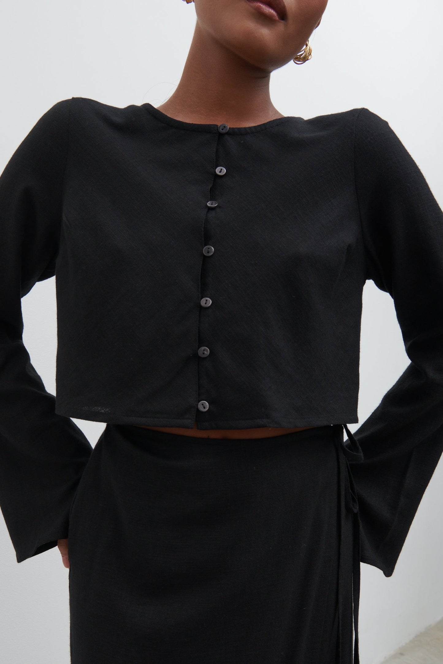 Abigail Button Front Linen Blouse - Black