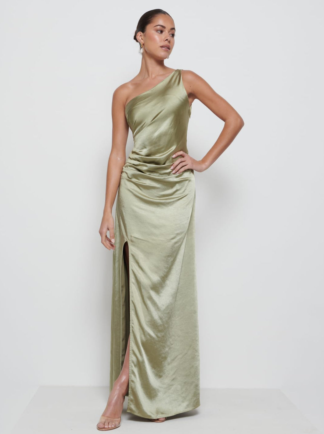 Amelia Ruched Maxi Bridesmaid Dress - Matte Olive