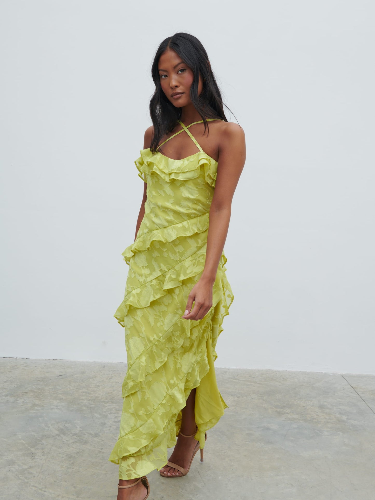 Aryana Jacquard Ruffle Midaxi Dress - Chartreuse