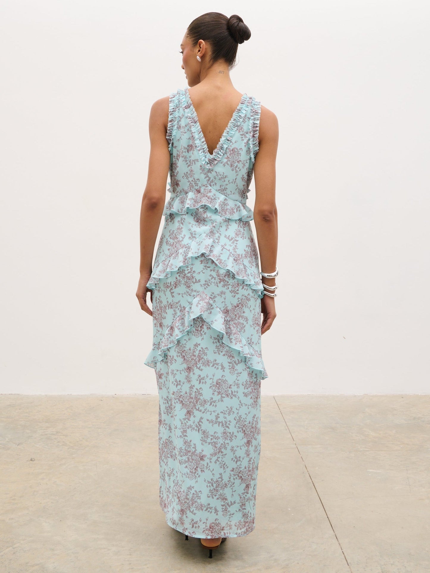 Aurelia Ruffle Maxi Dress - Seaspray and Brown Floral