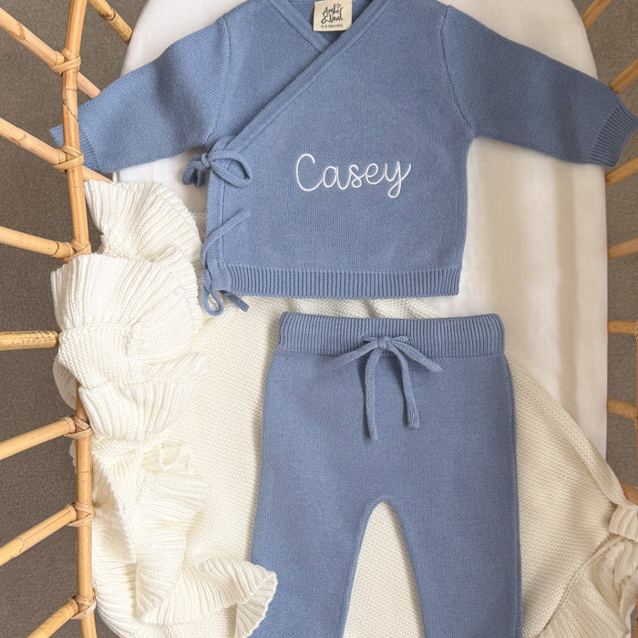 Blue knit kimono set with Casey embroidered on top, drawstring waist trousers