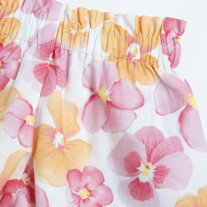 Girls White and Pink Floral Printed Shorts
