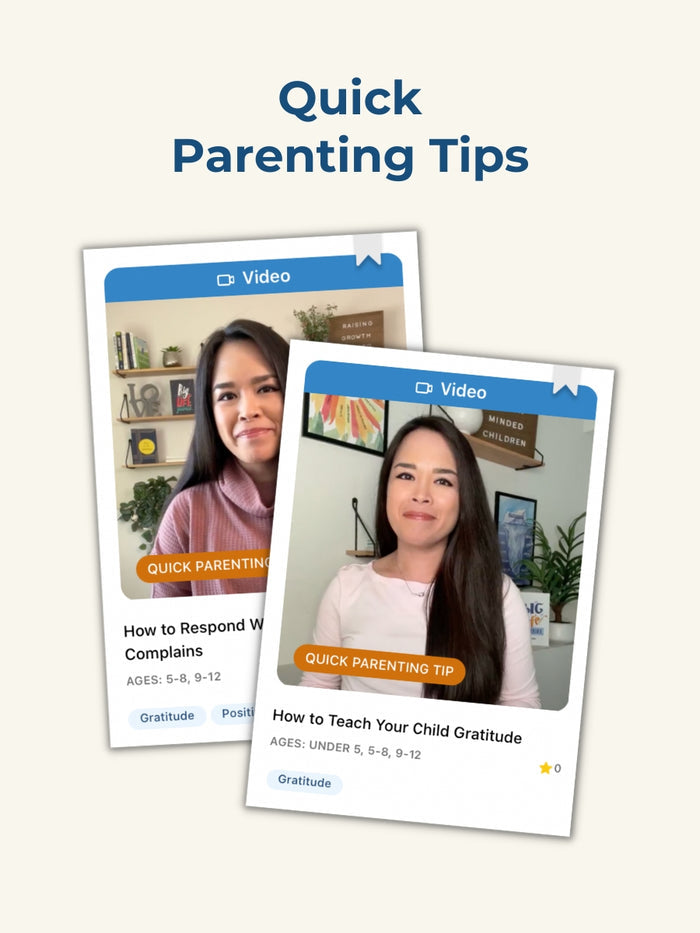 A rectangular image with a light yellow background. Text at the top center reads Quick Parenting Tips in blue. Below, there are two video cards featuring topics taught on Big Life Journal. View 4