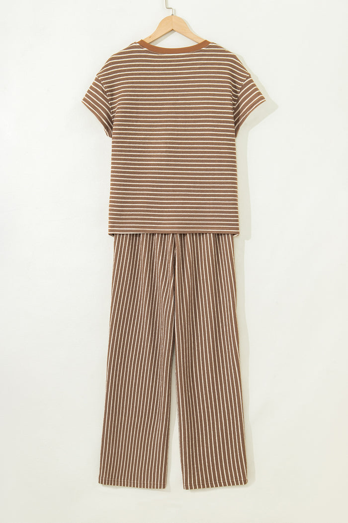 Khaki Stripe Crew Neck Tee Drawstring Waist Cropped Pants Set 🇺🇸