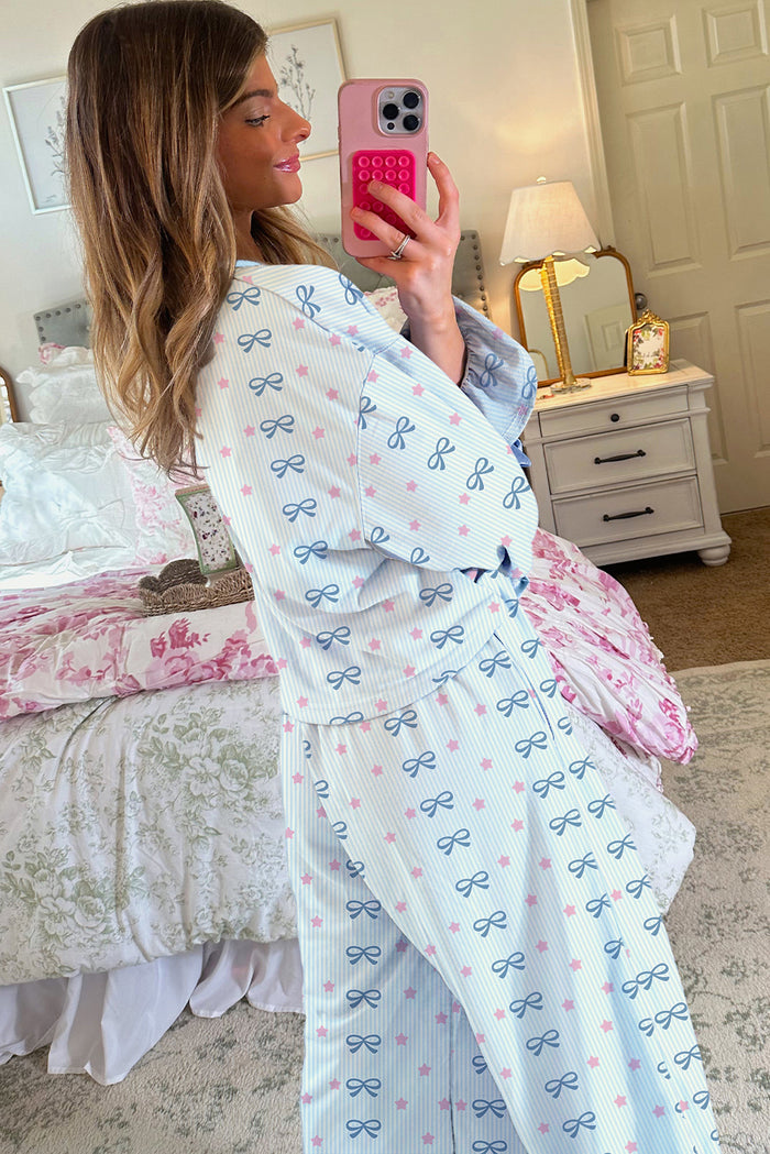 Sky Blue Stripe Bow Star Print Tied Detail 2pcs Lounge Set 🇺🇸
