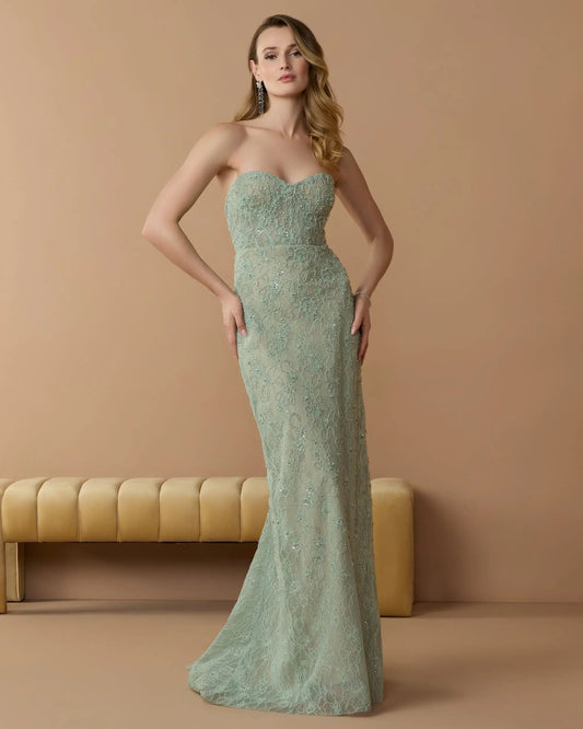 Embellished Strapless Bustier Gown With Sweeping Train