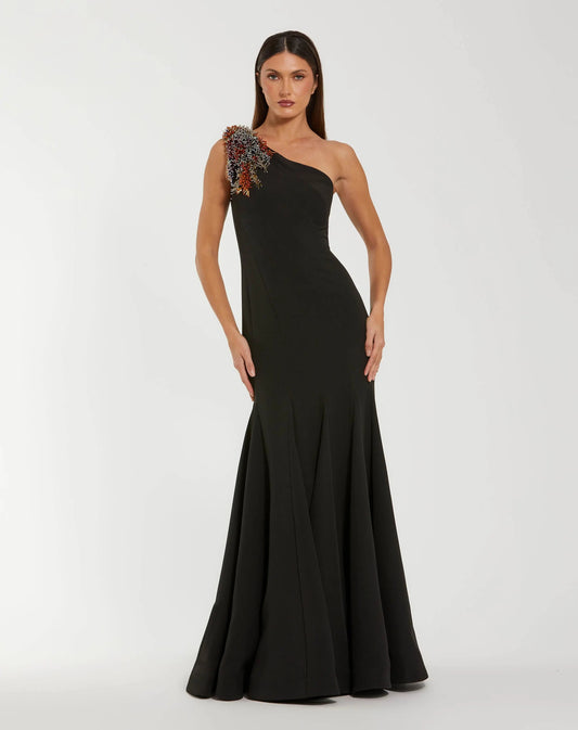 Black One Shoulder Beaded Mermaid Gown