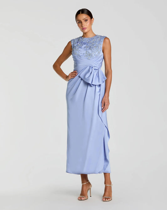 Blue Beaded Satin Midi Dress with Bow