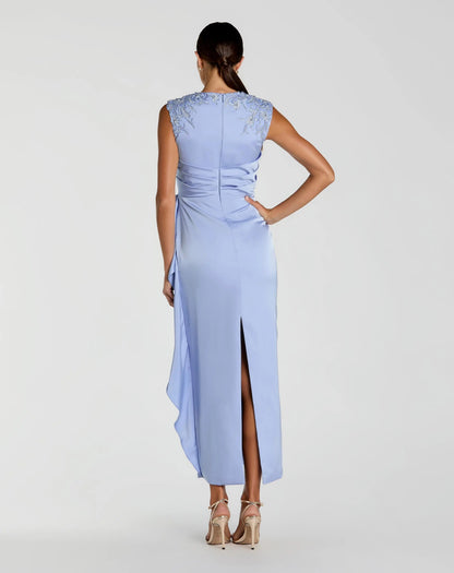 Blue Beaded Satin Midi Dress with Bow