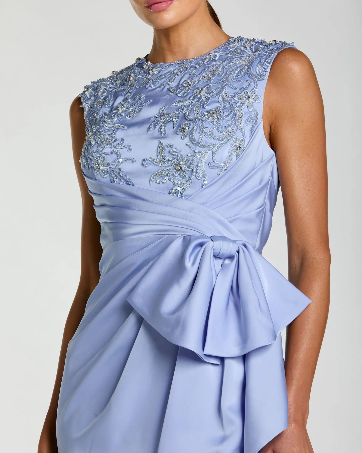 Blue Beaded Satin Midi Dress with Bow