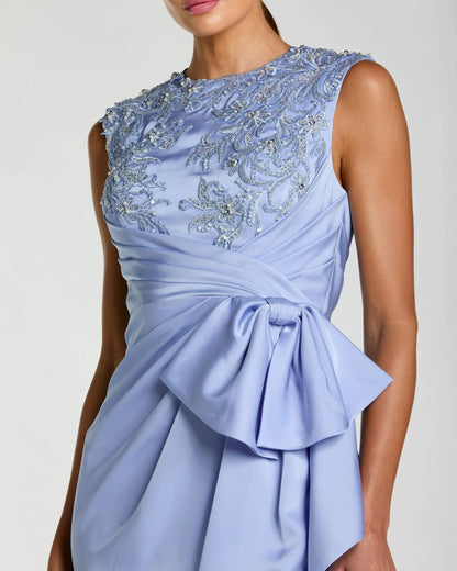 Blue Beaded Satin Midi Dress with Bow