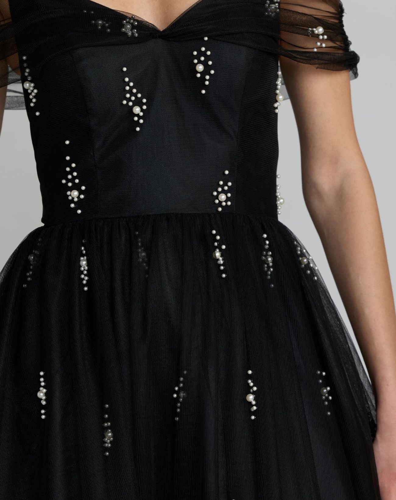 Black Pearl Embellished Off The Shoulder Ball Gown
