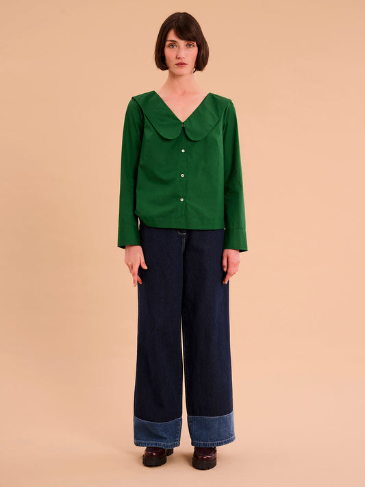 Caitlin Oversized Collar Blouse in Green