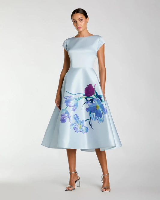 Blue Satin Cap Sleeve Midi Dress With Floral Print