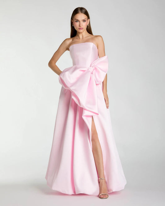 Light Pink Mikado Strapless Bubble Hem Ball Gown with Bow