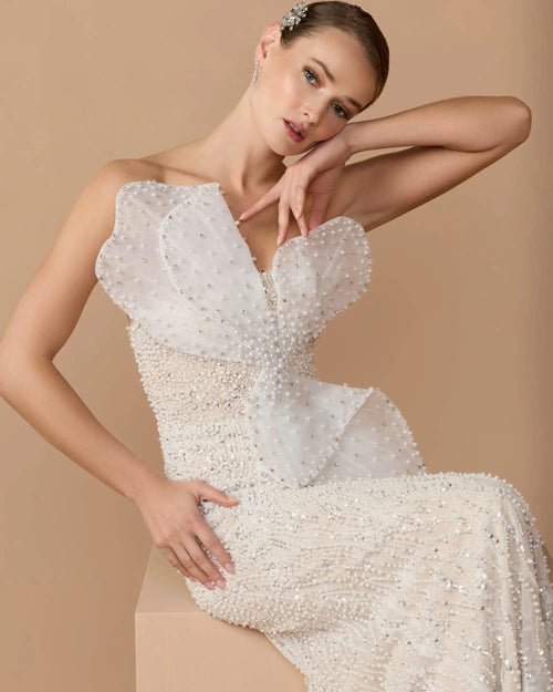 Ivory Strapless Embellished Column Gown With 3D Petals