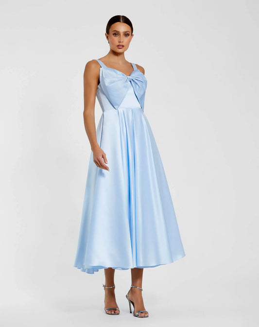 Blue Satin Midi Dress with Oversized Bow