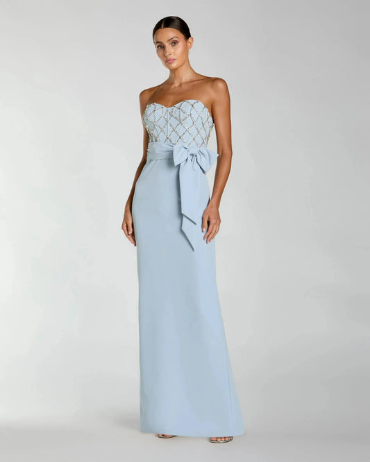 Blue Strapless Embellished Crepe Gown With Bow
