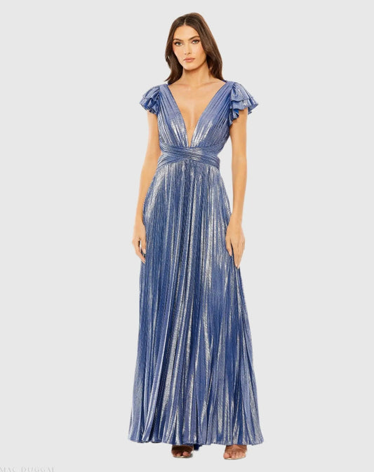 Blue Ruffle Sleeve Cutout Pleated Metallic Gown - FINAL SALE