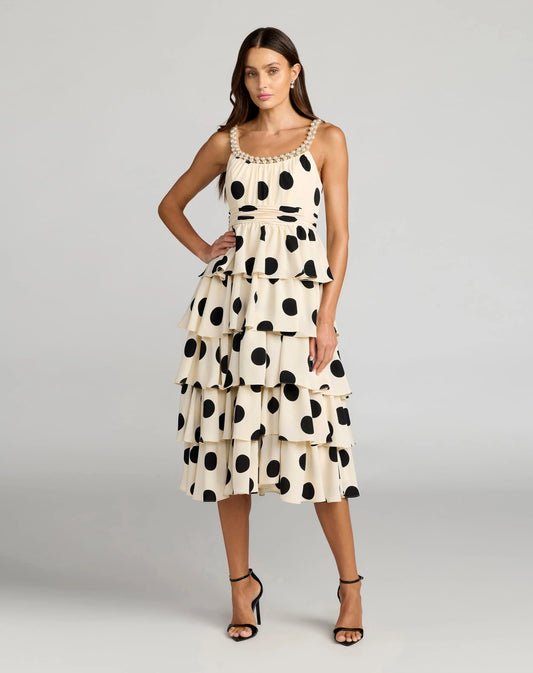Beige Pearl Embellished Polka Dot Midi Dress