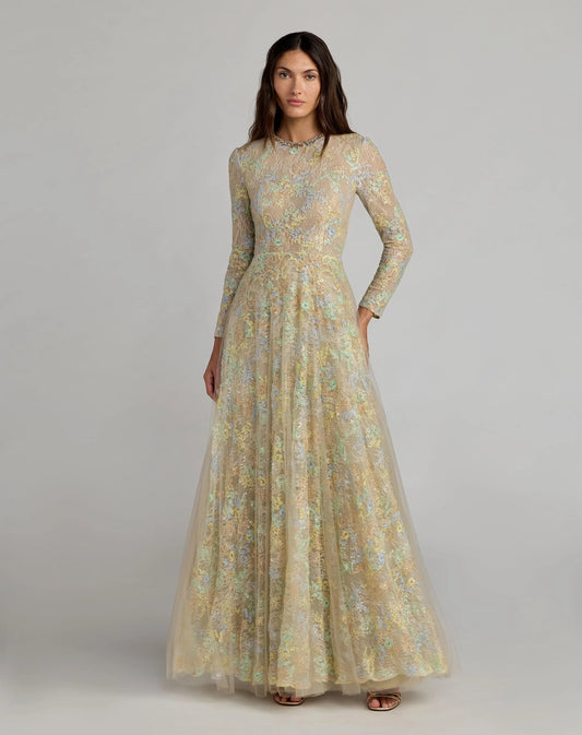 Beige Long Sleeve Embellished Lace A-Line Gown