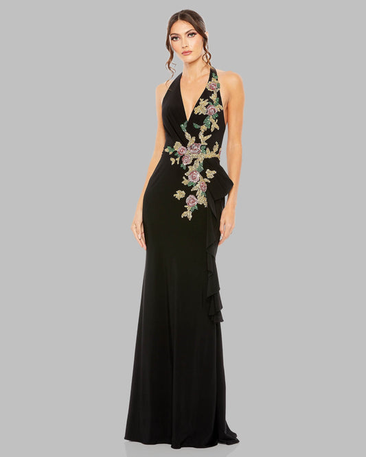 Black Halter Floral Embellished Column Gown