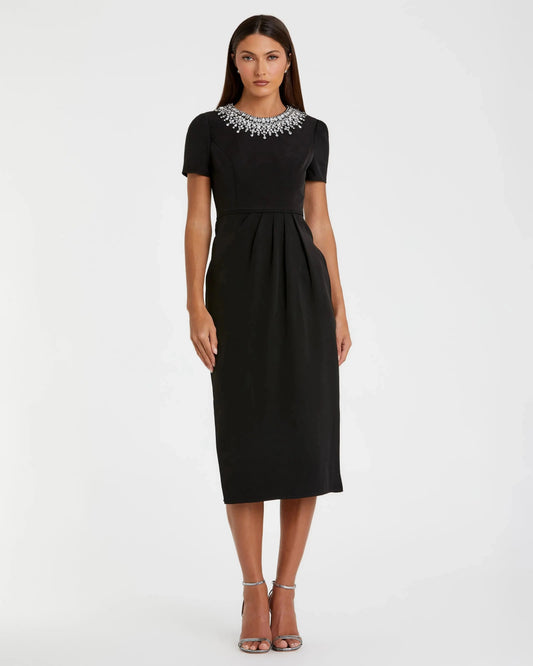 Black Short Sleeve Rhinestone Neckline Midi Dress