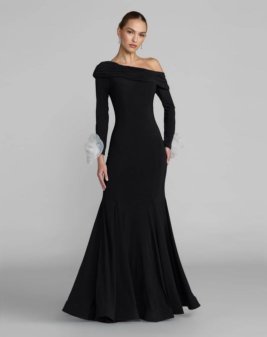 Black One Shoulder Long Sleeve Jersey Gown