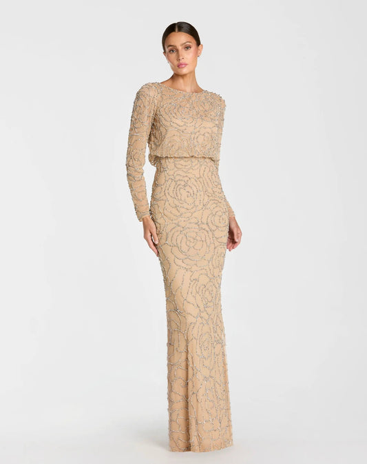 Long Sleeve Beaded Blouson Gown