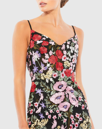 Black Floral Embroidered Lace-Up Mini Dress