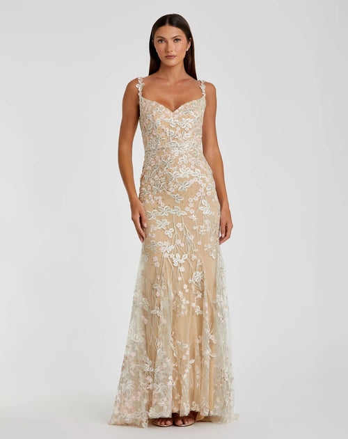 Beige Floral Embroidered Tulle Trumpet Gown - FINAL SALE