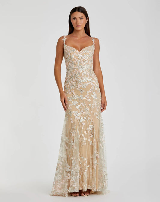 Beige Floral Embroidered Tulle Trumpet Gown - FINAL SALE