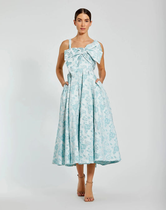 Blue Sleeveless Brocade Midi Dress With Bow