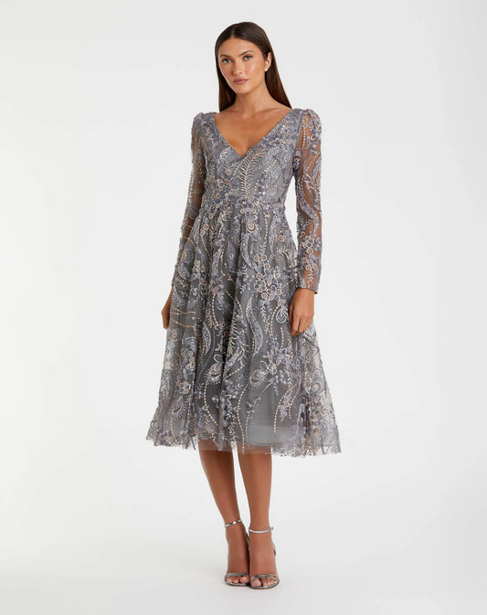 Gray Embroidered Long Sleeve Midi Dress