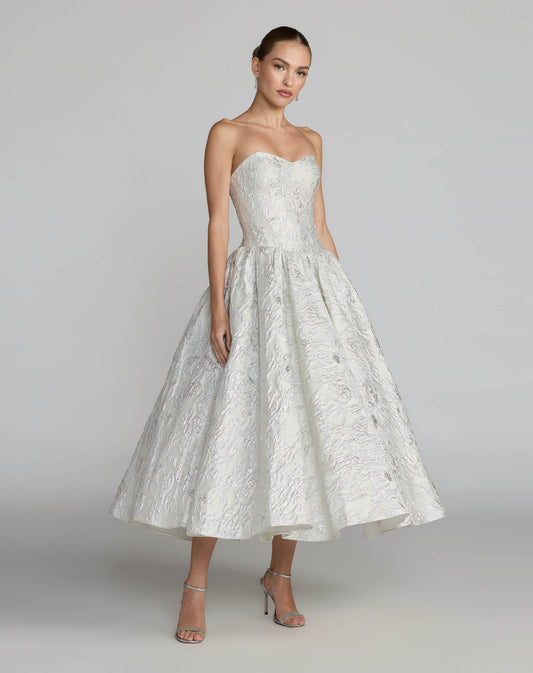 Ivory Strapless Brocade Tea Length Dress