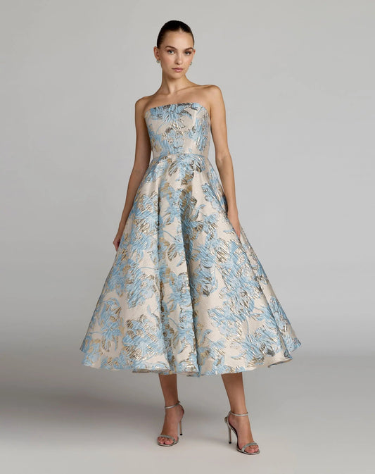 Blue And White Strapless Brocade Midi Dress With Pockets