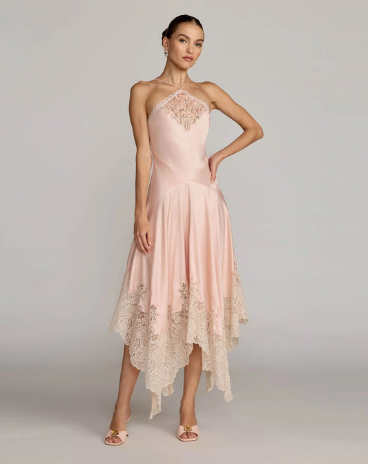 Light Pink Lace Trim Handkerchief Midi Dress