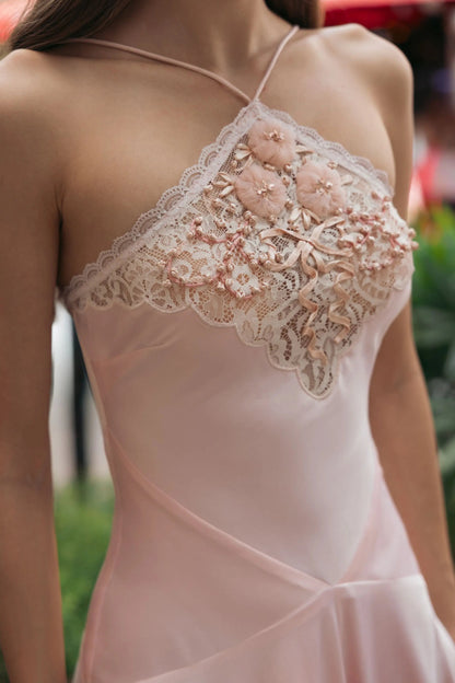 Light Pink Lace Trim Handkerchief Midi Dress