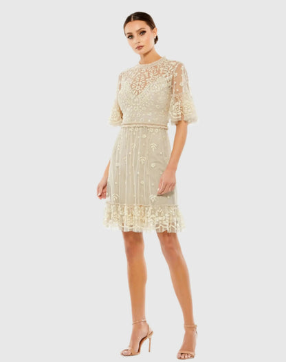 Beige Embellished Illusion High Neck Mini Dress