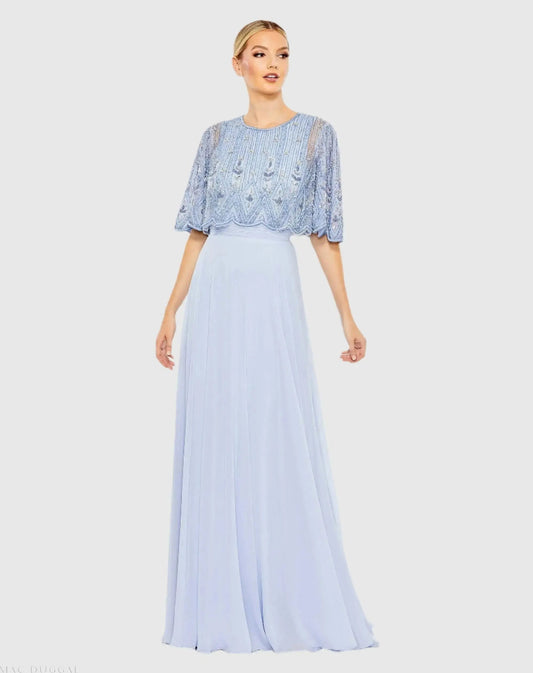 Blue Beaded Cape A-Line Gown