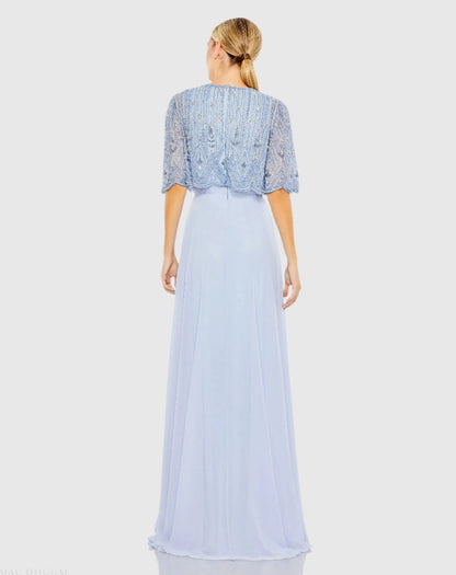 Blue Beaded Cape A-Line Gown