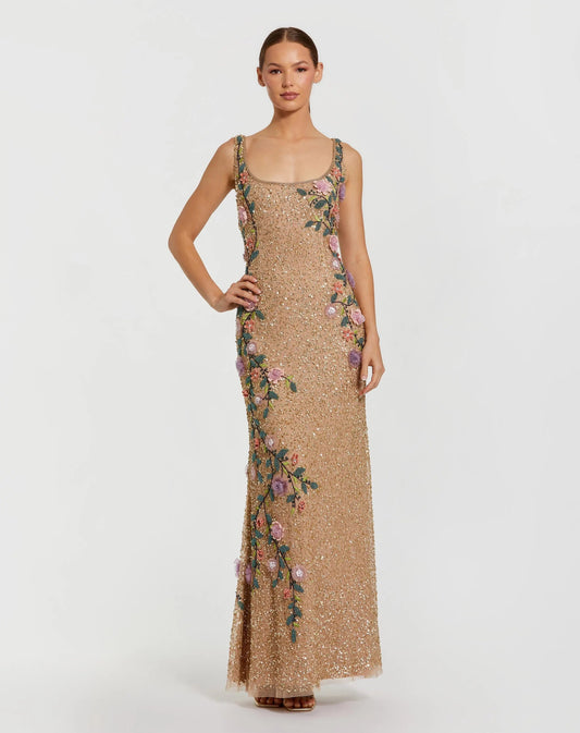 Beige Floral Beaded Scoop Neck Sleeveless Gown