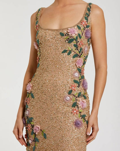 Beige Floral Beaded Scoop Neck Sleeveless Gown