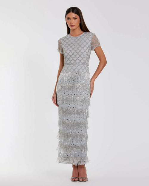 Blue Cap Sleeve Embellished Fringe Maxi Dress