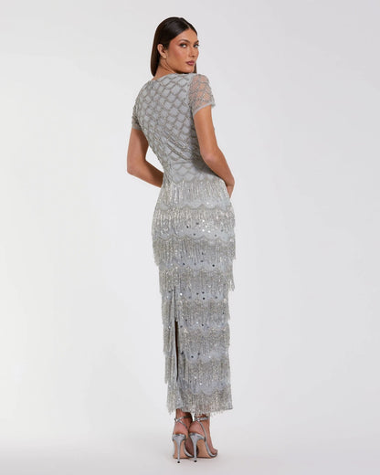 Blue Cap Sleeve Embellished Fringe Maxi Dress
