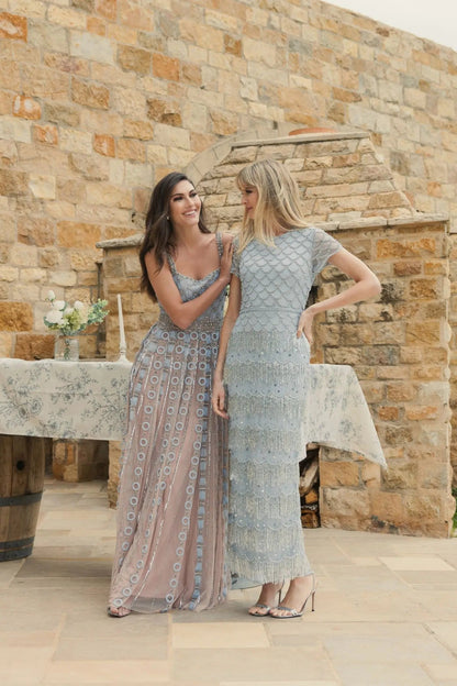 Blue Cap Sleeve Embellished Fringe Maxi Dress