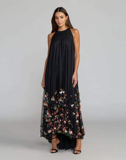 Black Sequin Embellished Sleeveless High Low Gown