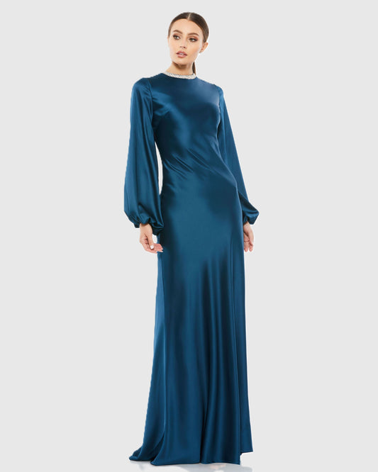 Beaded High Neck Bishop Sleeve Satin Gown